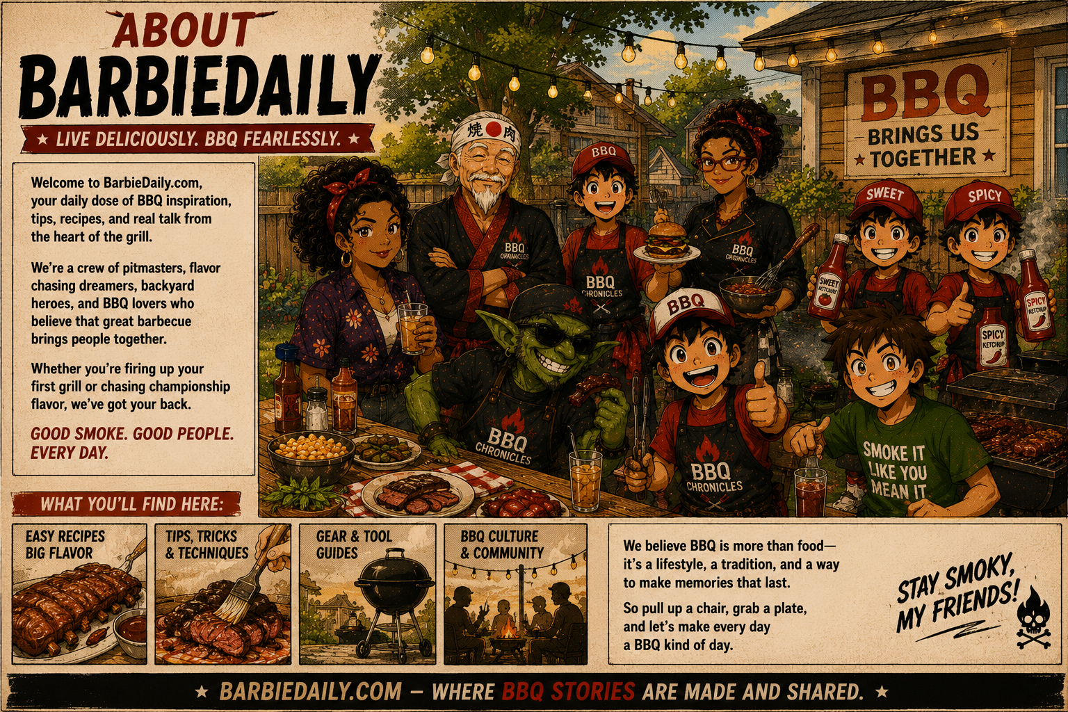 Friendly backyard barbecue scene with newspaper and manga feel.