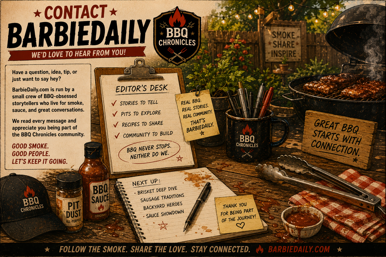Grill-side editor's desk with clipboard, tongs, sauce stains, notes, and backyard BBQ tools.