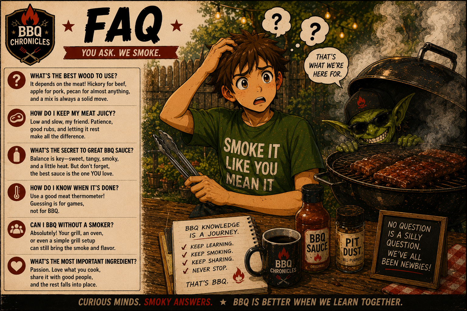 Confused cook asking BBQ questions while Smoke Goblin peeks from the grill.