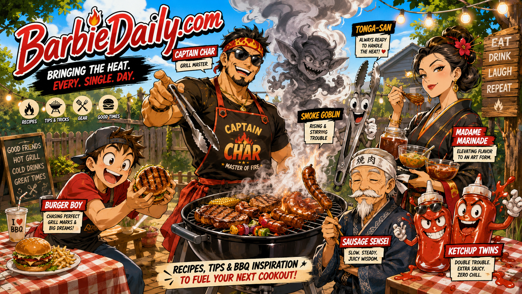 Sunny backyard barbecue scene with a smoking grill and manga-style BBQ characters.