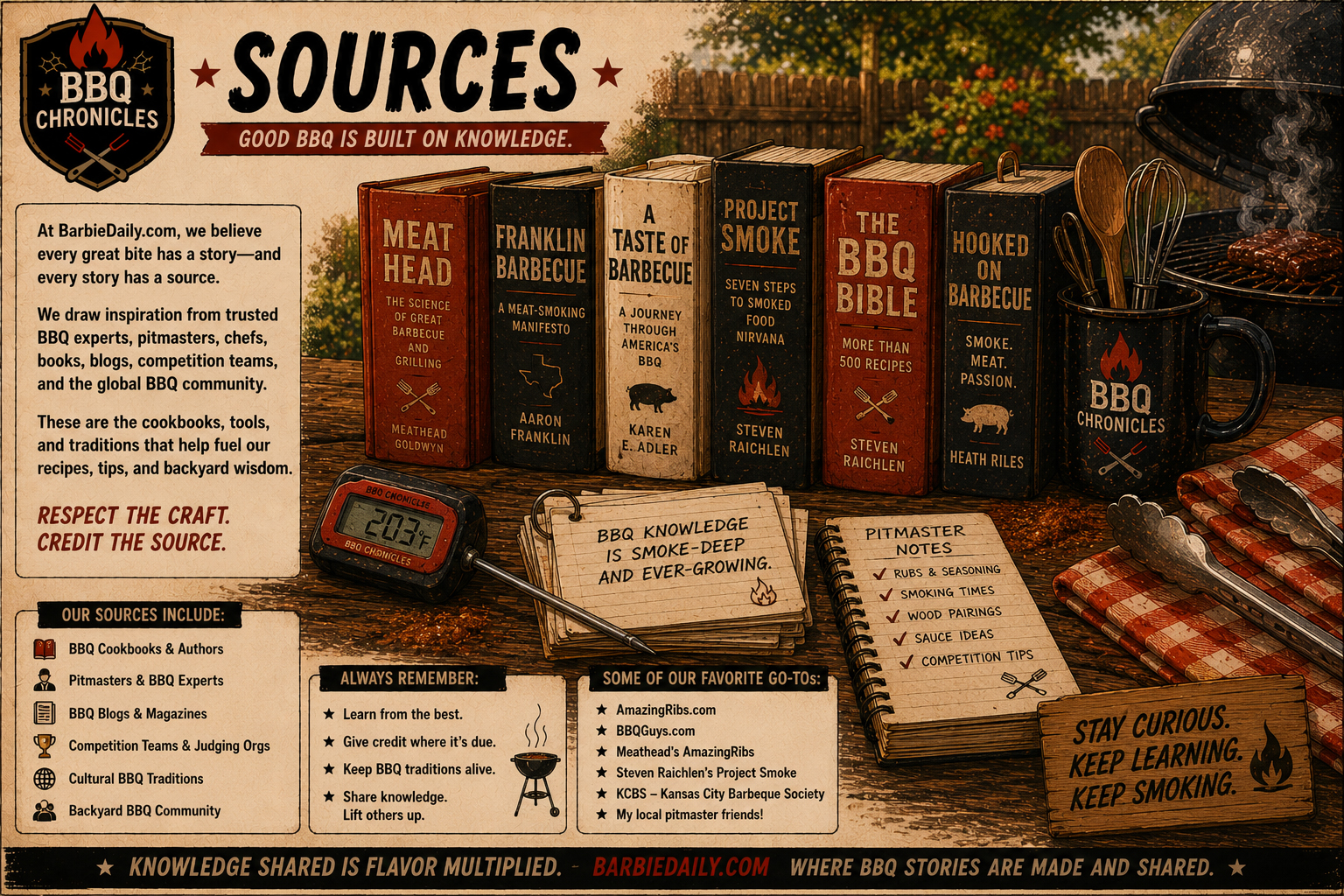 BBQ books, food thermometer, recipe cards, and grill tools on a reference desk.