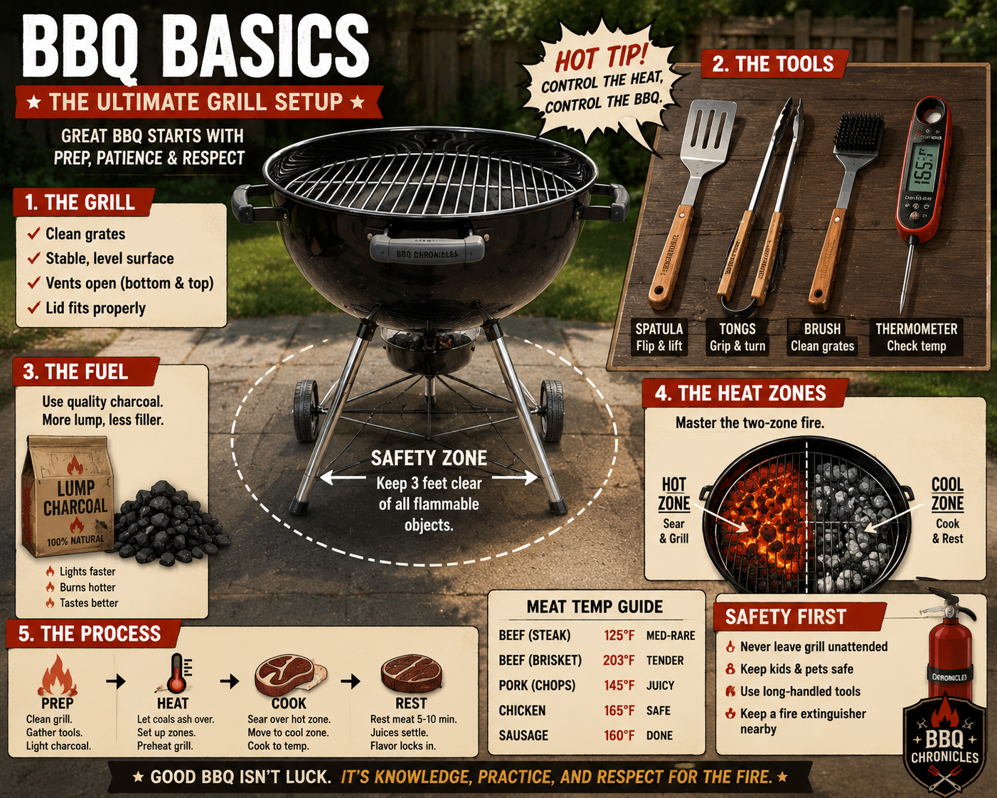 BBQ setup with grill tools and thermometer.