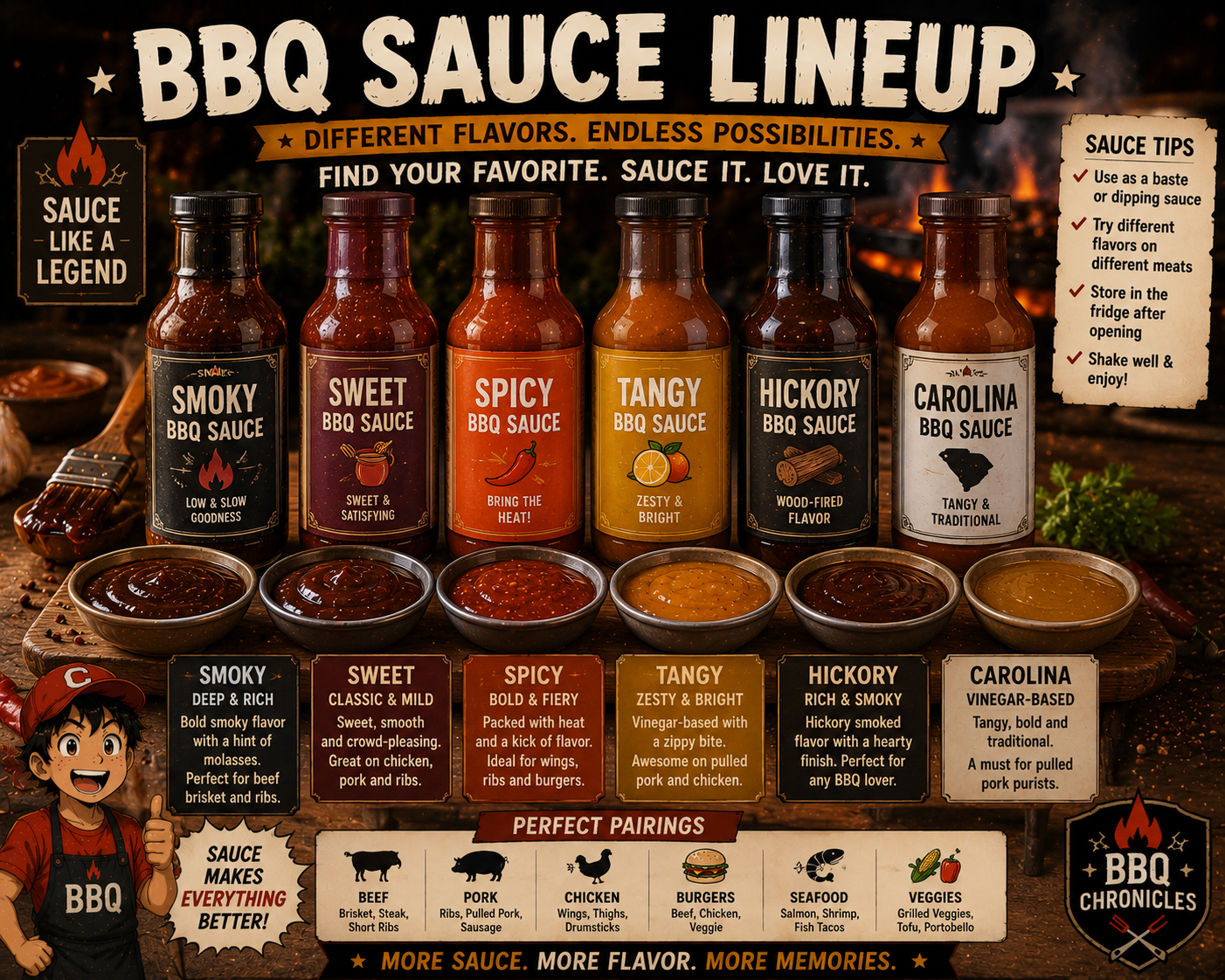 BBQ sauce lineup.