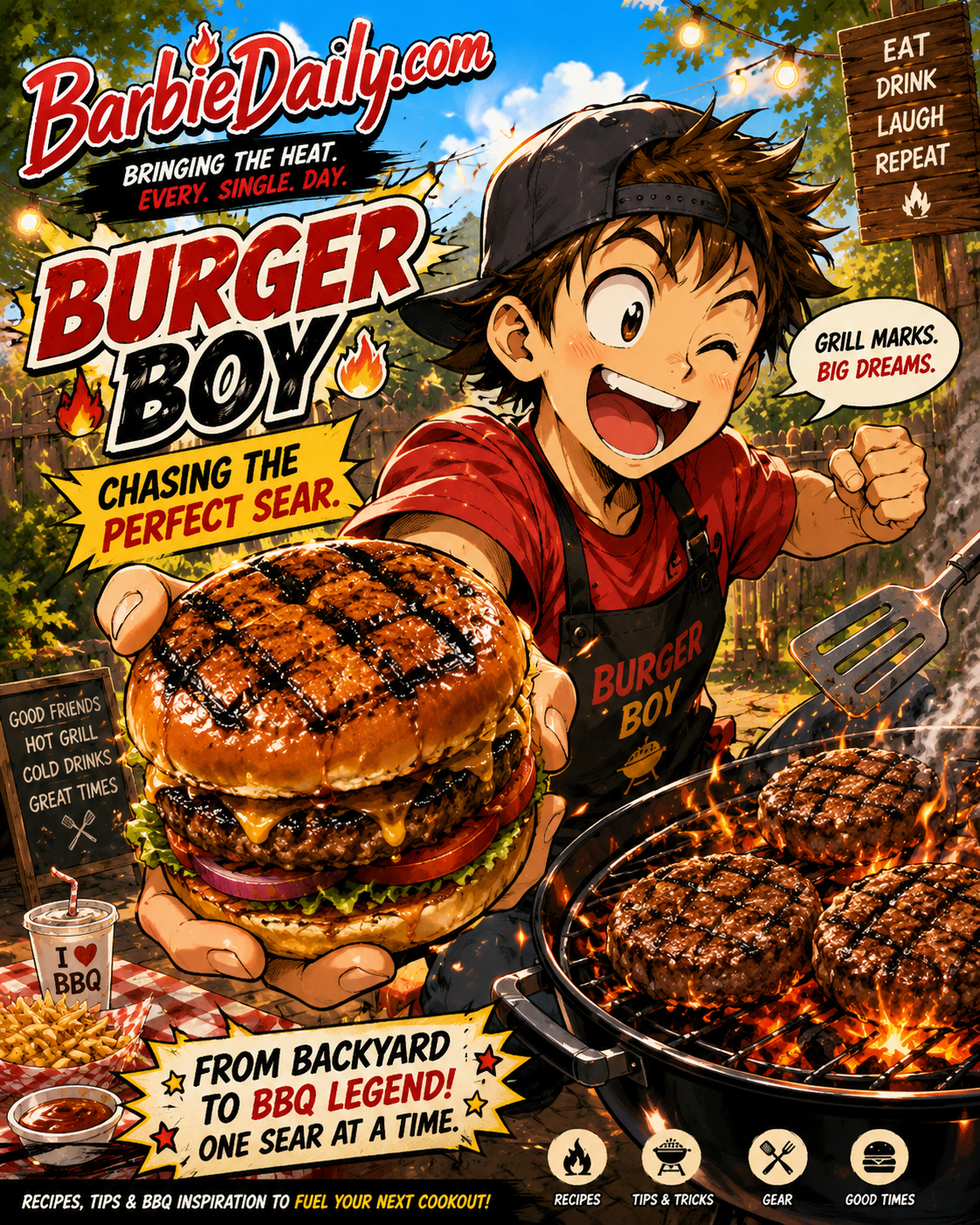 Burger Boy chasing the perfect grill marks while patties sizzle on the grill.
