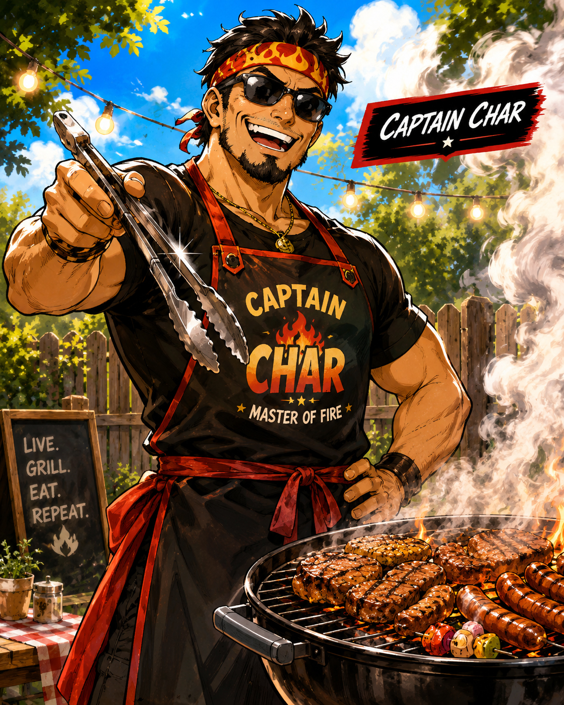 Captain Char standing proudly at the grill with heroic tongs and smoke behind him.