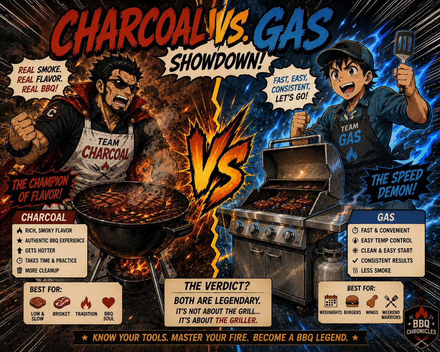Split-scene manga battle between charcoal grilling and gas grilling.