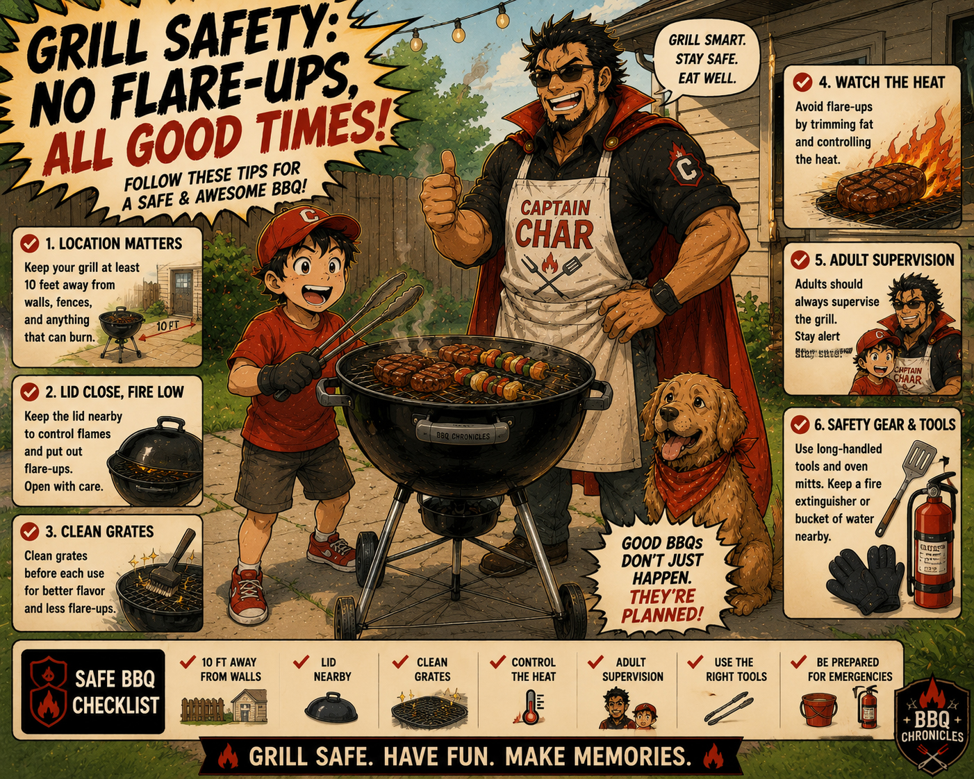 Friendly grill safety poster showing safe placement, clean grates, and flare-up control.