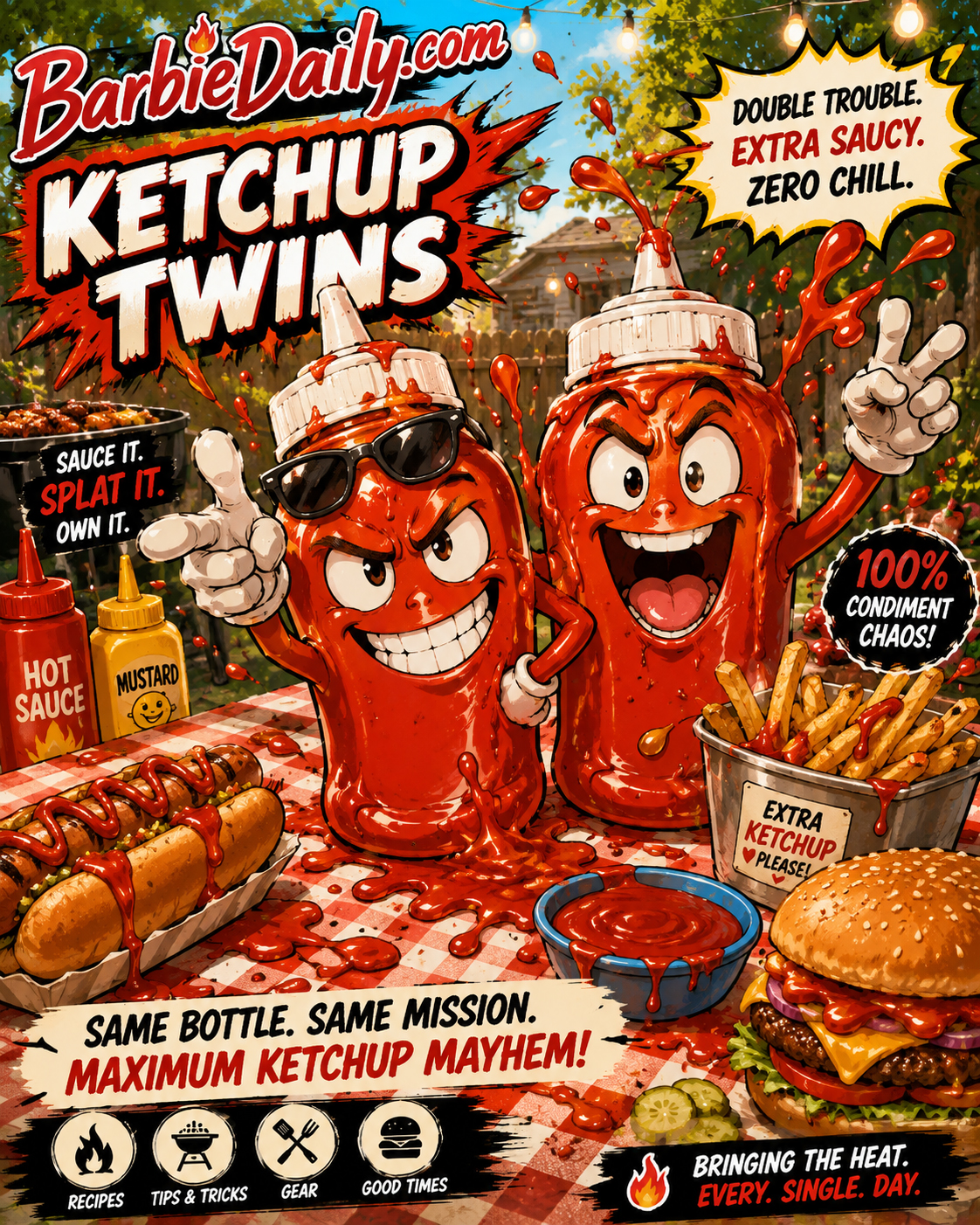 Two mischievous ketchup bottle characters causing condiment chaos at a cookout table.