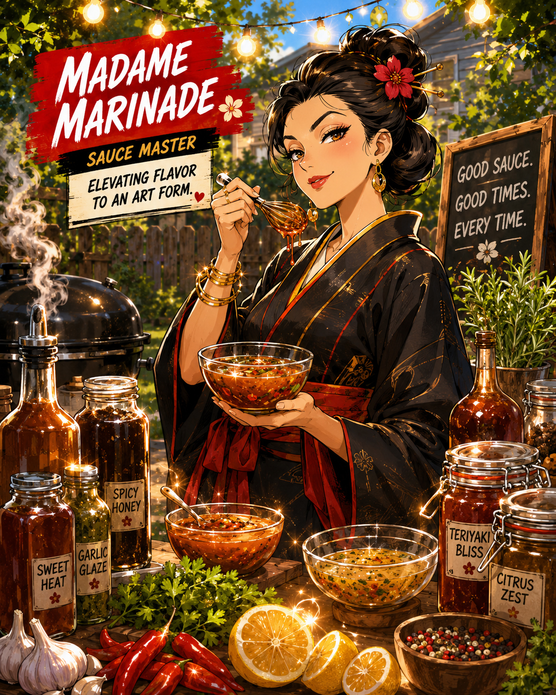 Madame Marinade surrounded by jars, herbs, spices, and glowing bowls of marinade.