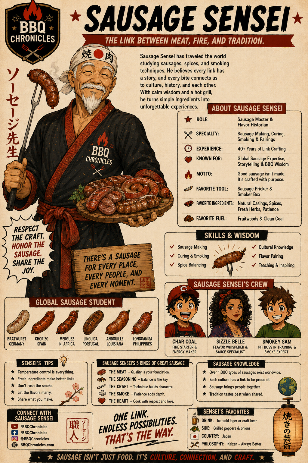 Full character profile image for Sausage Sensei.