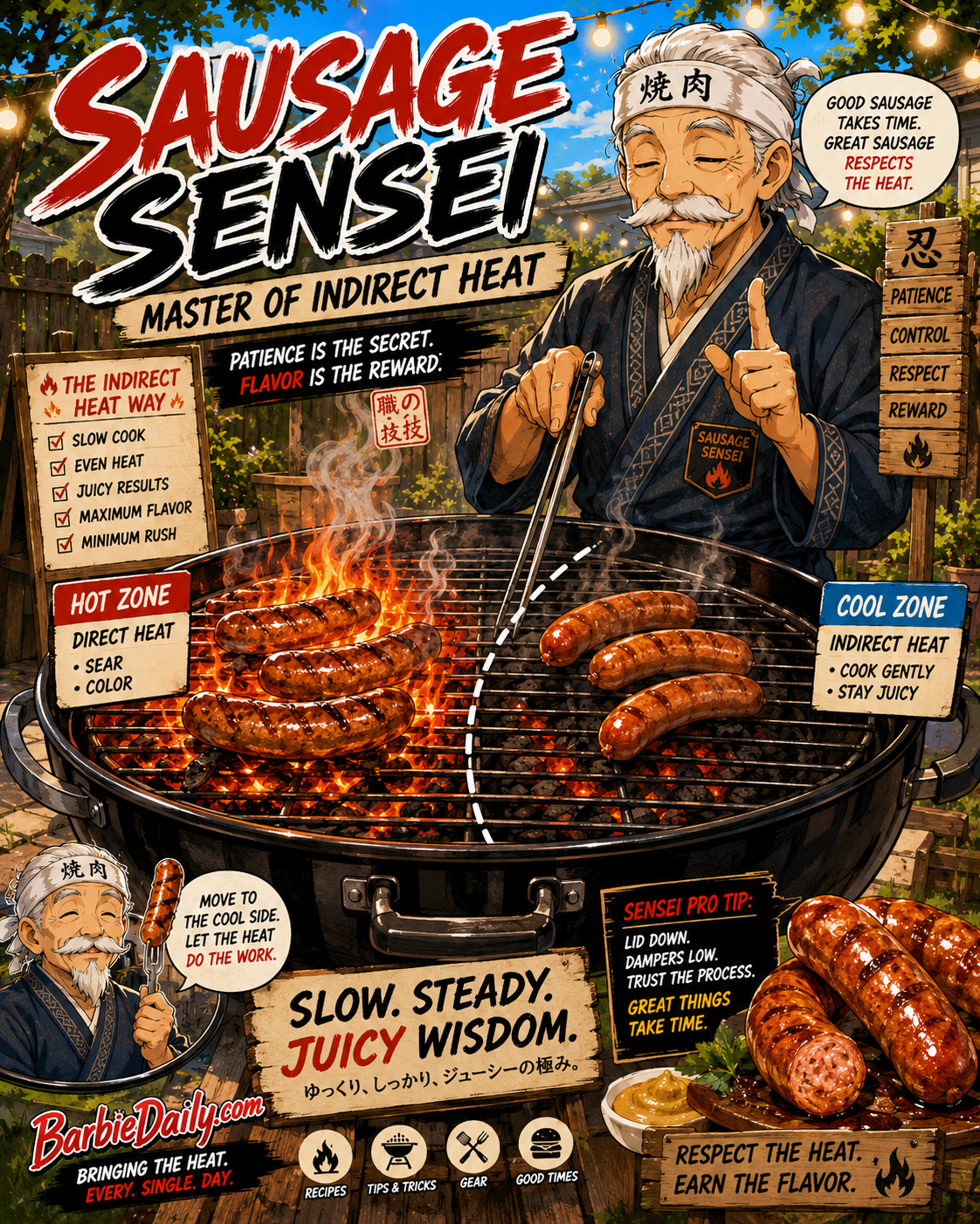 Sausage Sensei teaching patience and indirect heat beside a grill divided into hot and cool zones.