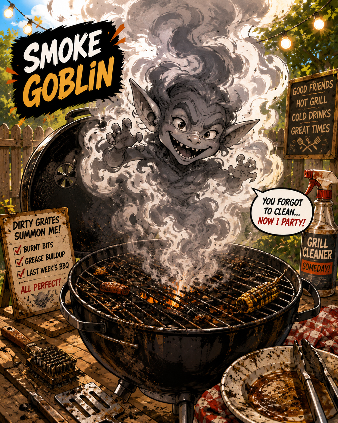 Little Smoke Goblin rising from the grill after someone forgets to clean the grates.