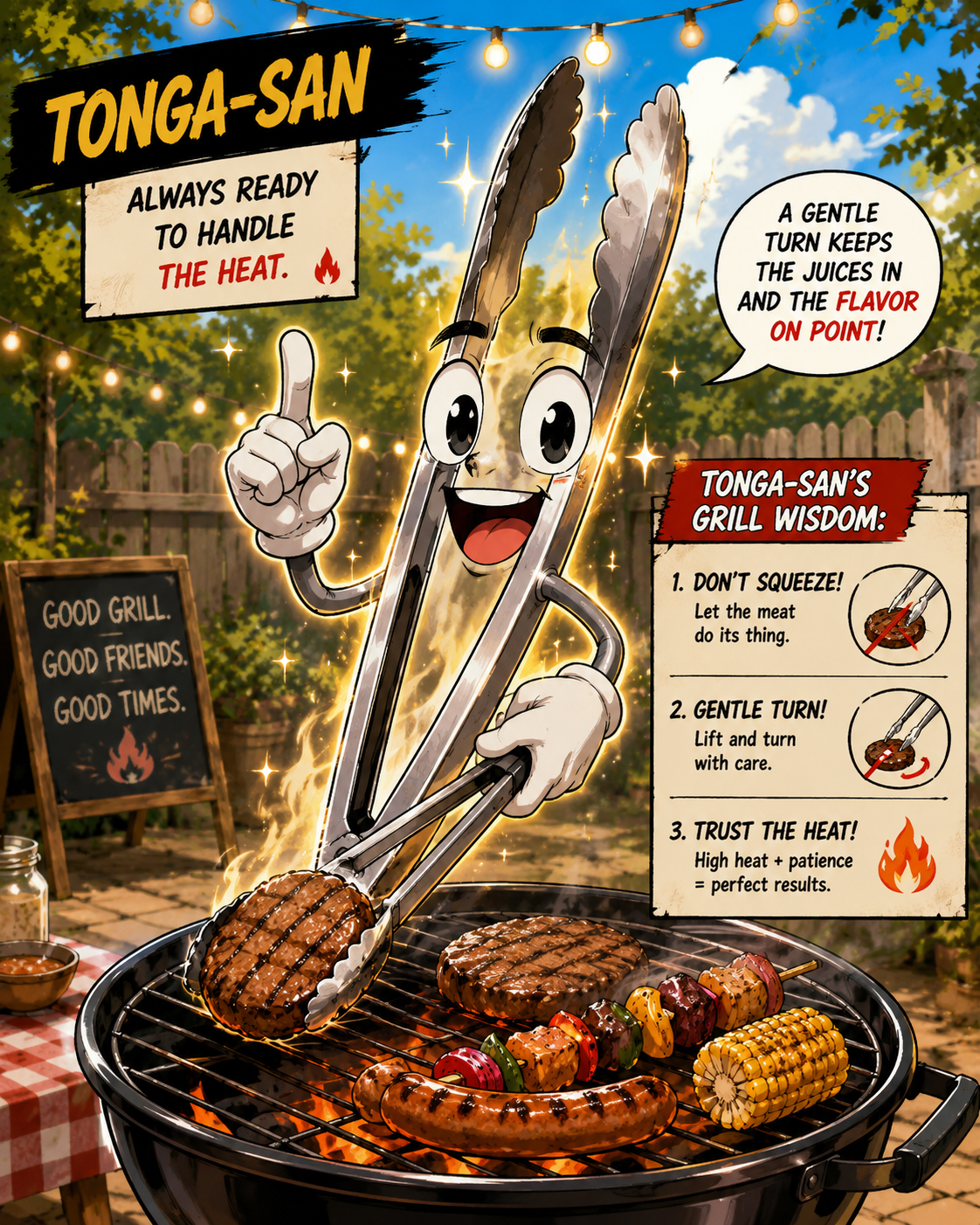 Wise anthropomorphic BBQ tongs glowing slightly while teaching proper grilling technique.
